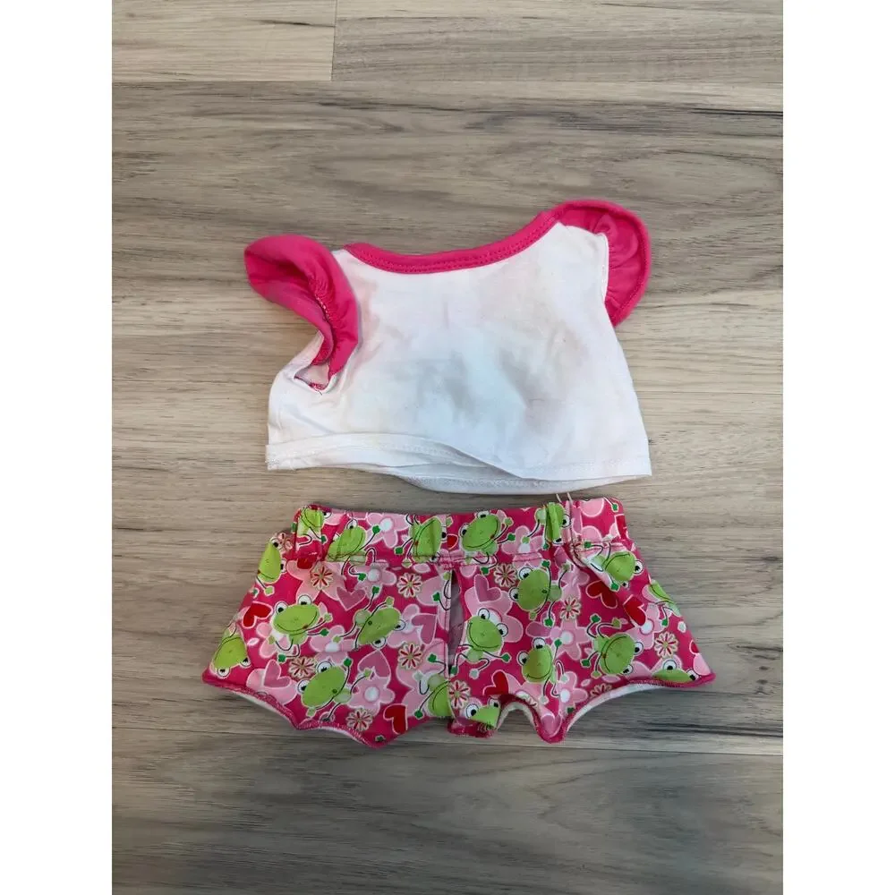 Build A Bear Frog Outfit Pink Green Hearts Pajamas Set PJs Satin Shirt Shorts